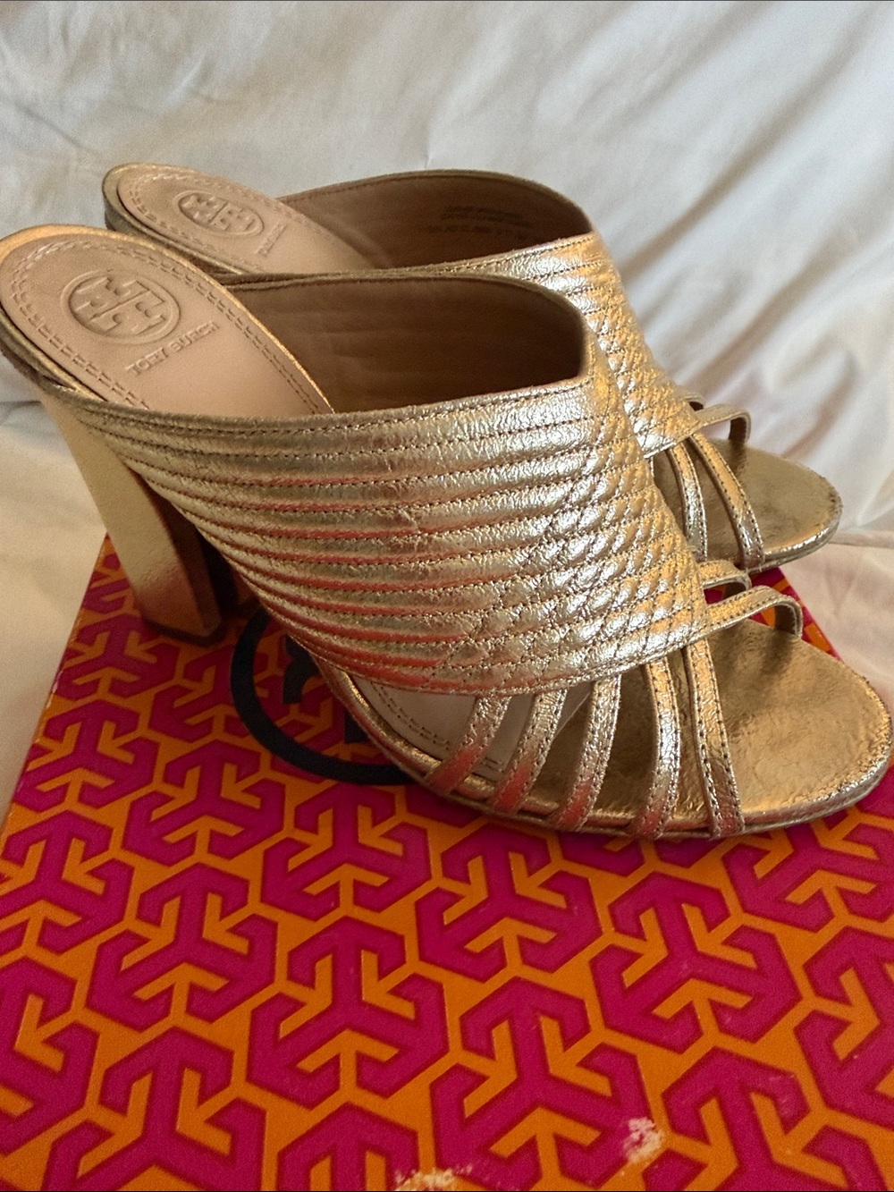 Tory Burch Gold Leather Strappy Mule Heels